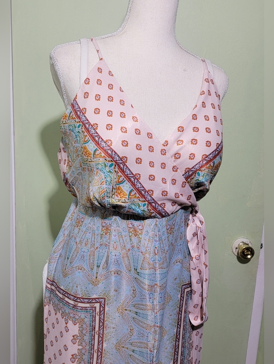 Free People Pants - Free People Jumpsuit Wide Leg Cabbage Rose Satin Light Pink /Blue Size 6